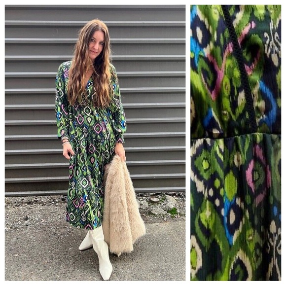 NWT. Zara Multicolored Printed Lace Inserts V-neck Midi Dress. Size S. - Picture 2 of 11